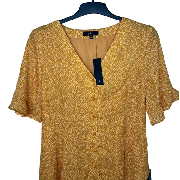 Lulus Castana Mustard Yellow Button-Up Dress With Ruffle Sleeves & Tie Back XL - Picture 10 of 16